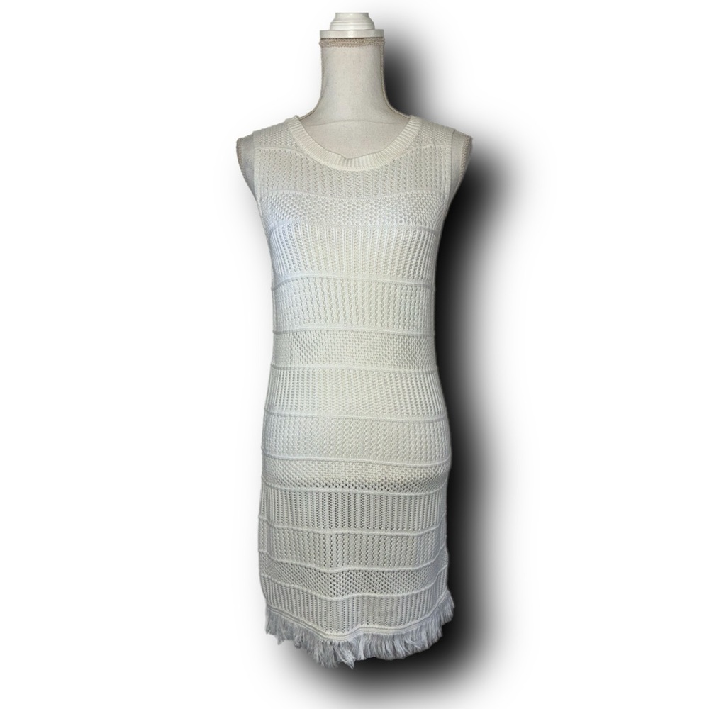 Tahari Cream Crochet Cotton Blend Slip Fringe Dress Beachy Resort